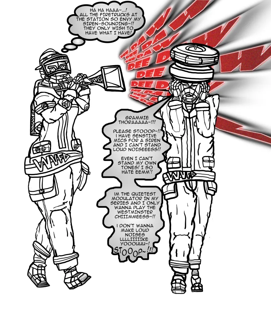 [MF] Some side-art of my anthro Federal Signal Thunderbolt siren gal. Now named Thora. She also has a grandson now, a Federal Signal Modulator MOD 1004 named Modesto.