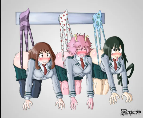 Mina Ashido along with her friends Ochako Uraraka and Tsuyu Asui, being hung by their panties, suffering a triple wedgie hanging as part of a cruel prank, possibly by the girls of Class 1-B (The Existentialist).
