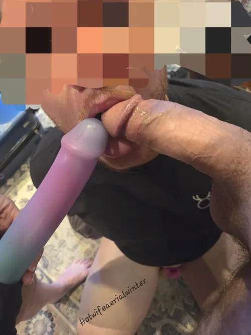 My cuck give my Bull and my strapon a double blowjob.