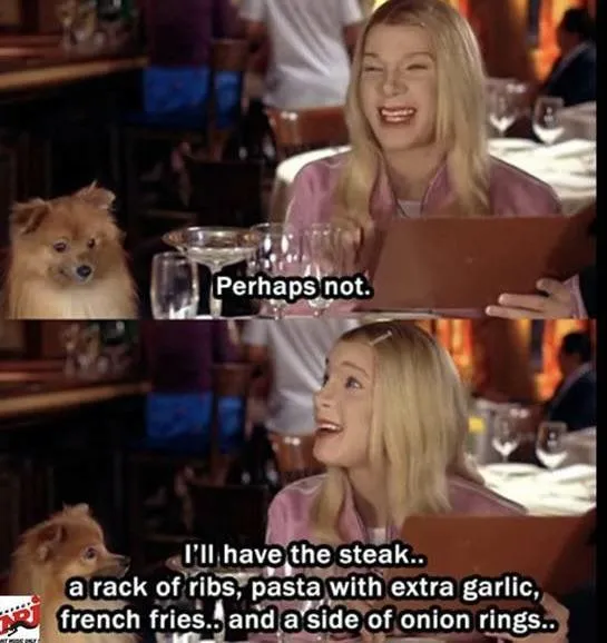 My PC when Avery tries pulling that “she’ll have a salad” bullshit