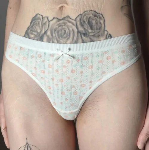 Naughty milf's white floral cotton thong, ready to soak in my sweet scent.  [UK] x
