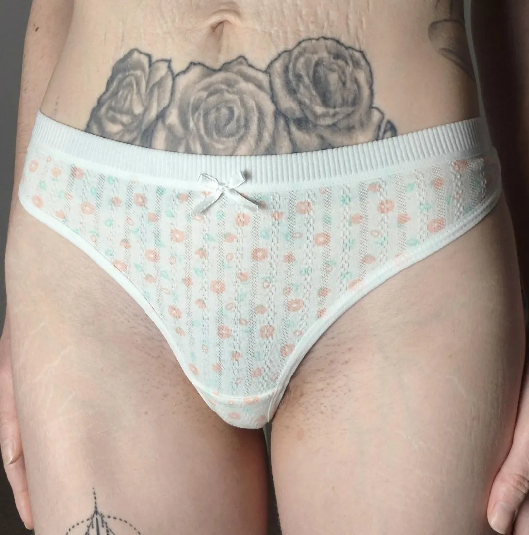 Naughty milf's white floral cotton thong, ready to soak in my sweet scent.  [UK] x