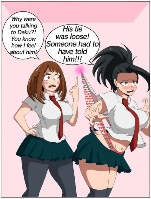 Ochako in toxic mode using her quirk to give a floating wedgie to Yaoyorozu since Ochako doesn't like Yaoyorozu being close to Deku (Baibaino)