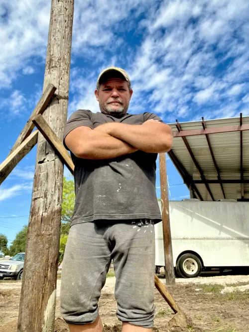 On the job bulging in sweats.