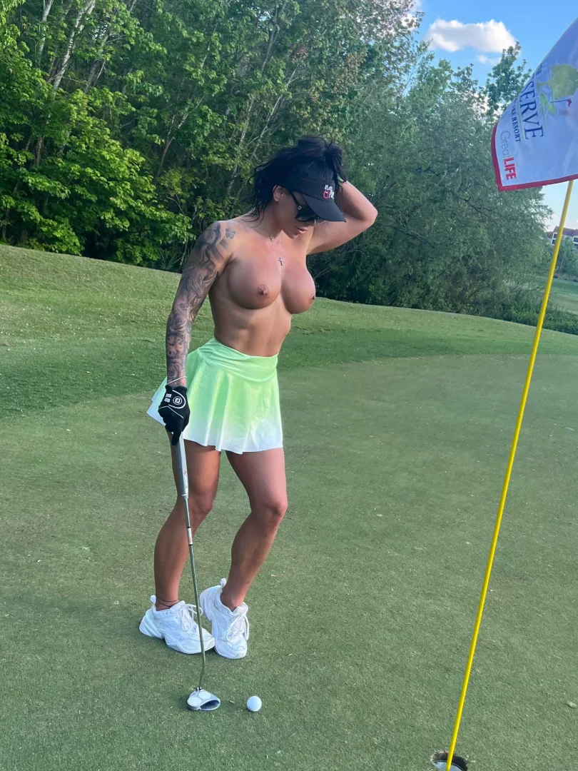 Playing topless with the guys after losing a bet , the winner gets a 19th hole with me