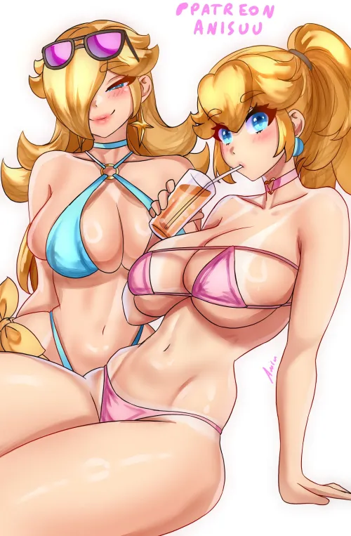 Princess Peach and Rosalina seducing you on Mario day by putting on tiny bikinis to show off as much of their thick bodies as possible (anisdrawn)