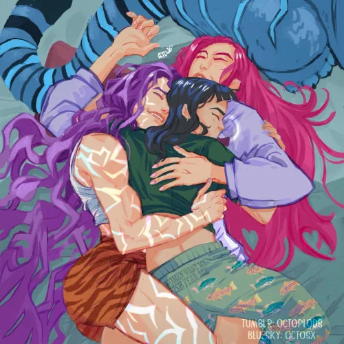 Rumi, Zoey & Mira having valentines cuddles (@octosx/octoplods) [Kpop Demon Hunters]