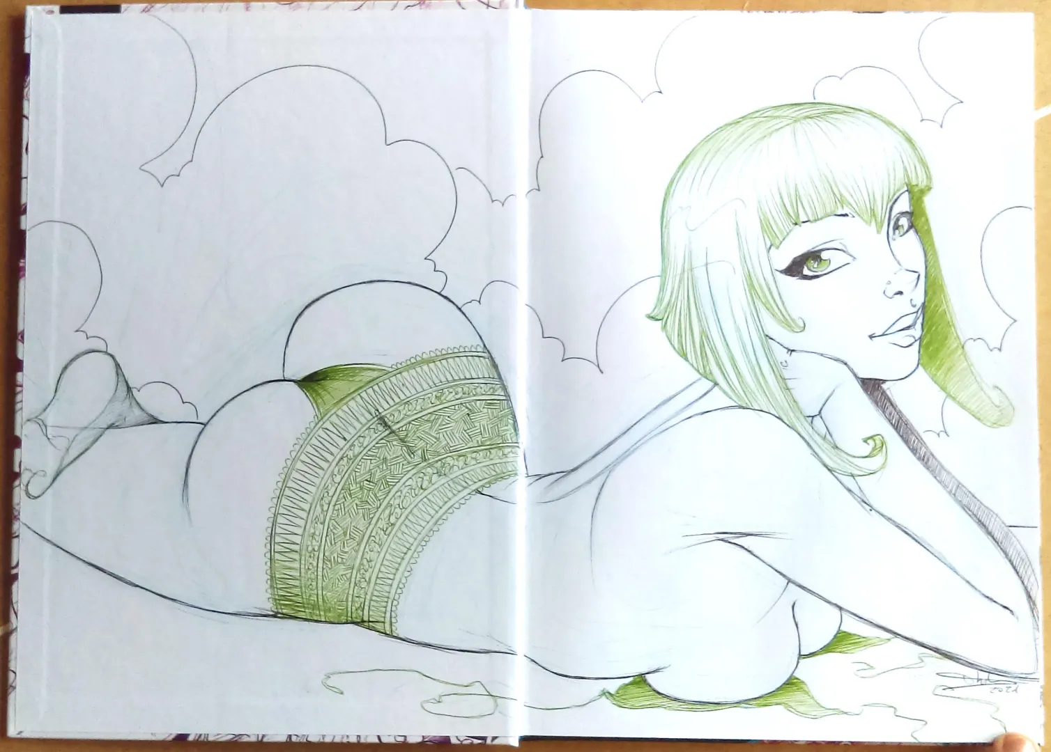 Sexy pinup drawing in ballpoint pen black and green