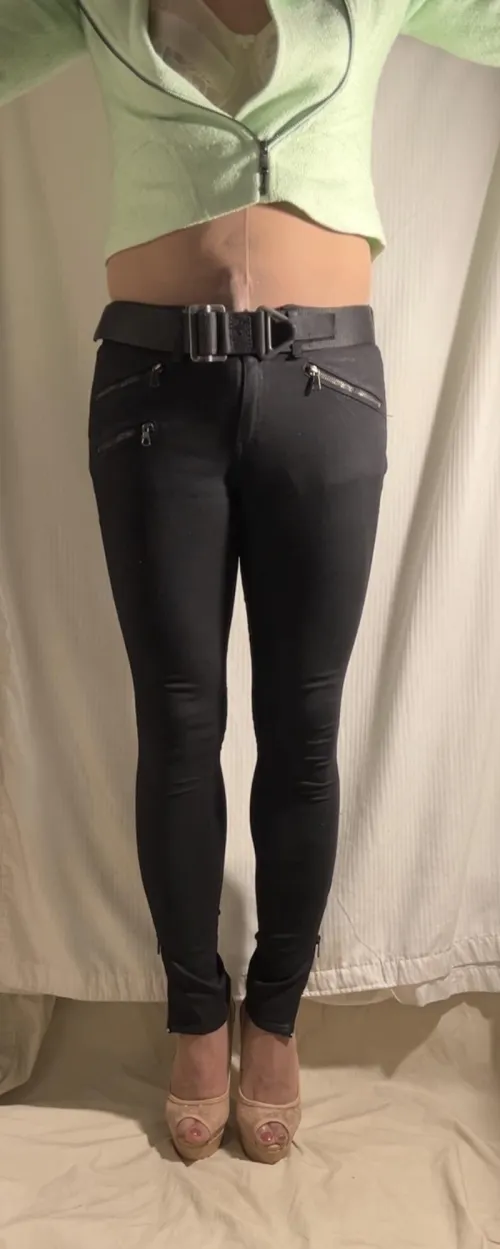 Sheer nude pantyhose, jeans, and heels