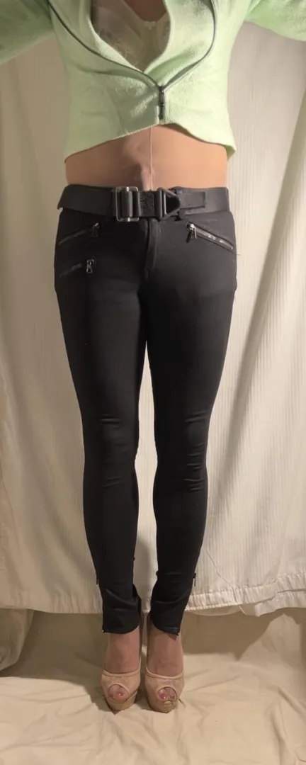 Sheer nude pantyhose, jeans, and heels