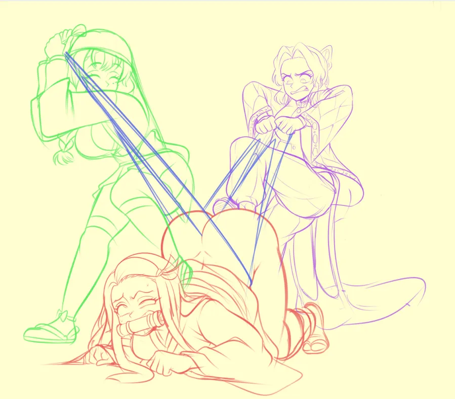 Shinobu and Mitsuri were both trapped in an atomic wedgie while Nezuko was being bullied with a double wedgie Sketch comic (semidraws)