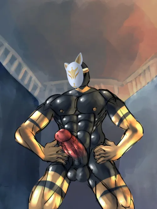 Shiny Black Gold Kitsune posing with Hard Dick [artist: lccas_]