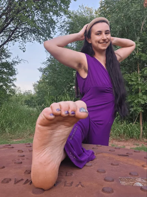 Showing off armpit hair plus purple pedicure on a walk