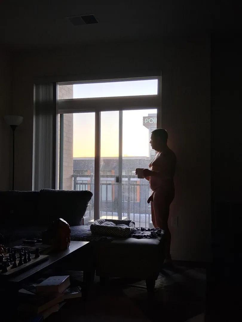 Silhouetted against the morning sunrise