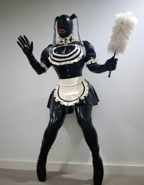 Sissy rubber maid forced in ballet boots, blindfolded, and made to dust the house