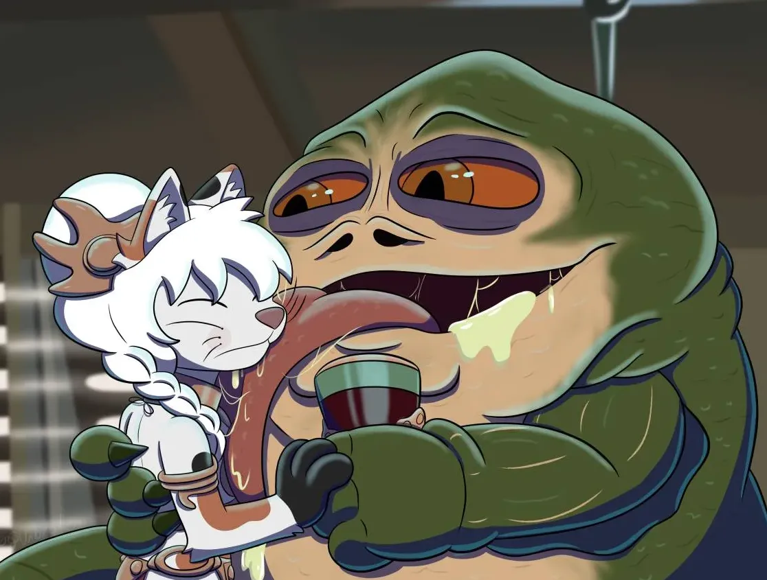 Slave Princess Leah the Calico enslaved to Jabba (OC belongs to Rosewood, art by Lewds Unbroken, commissioned by me)