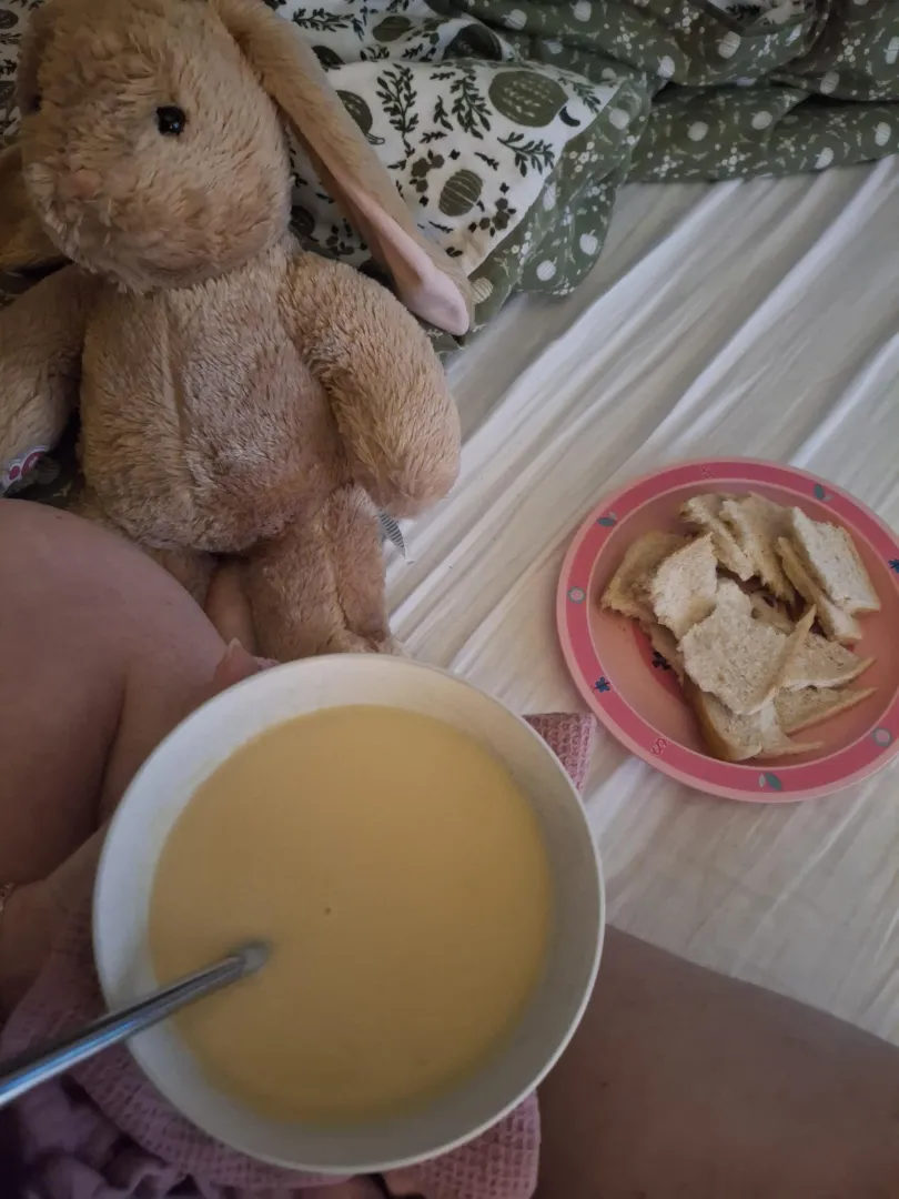 Soup in bed for poorly sneezy girl 