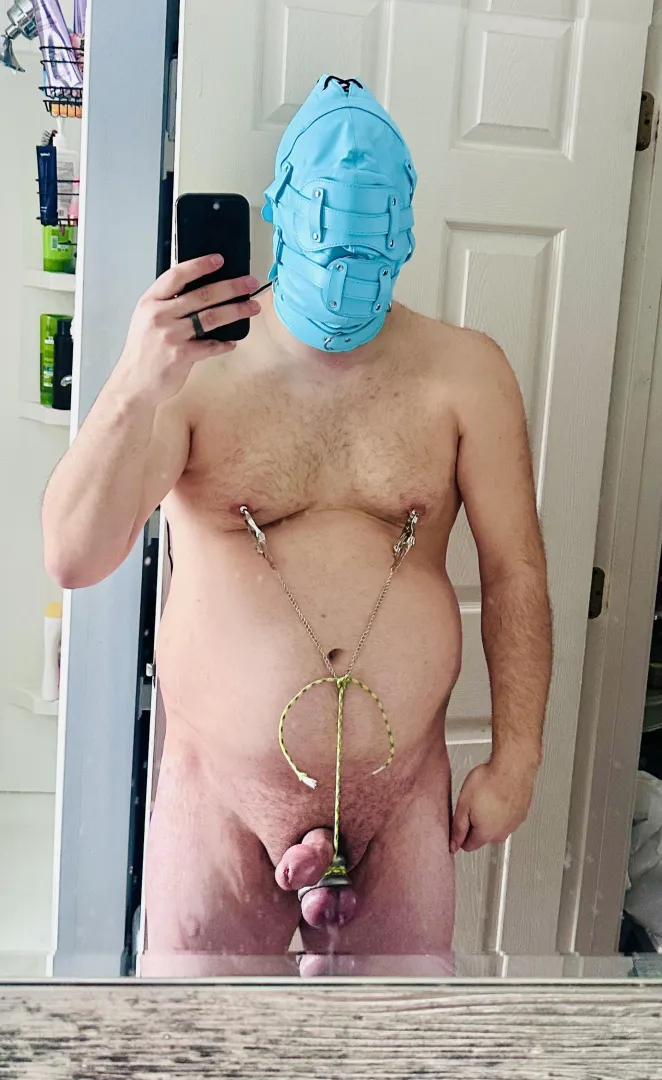 Spent time this morning in some self bondage. I tight my balls to my nipple clamps so that when I moved or laid flat it pulled so tight