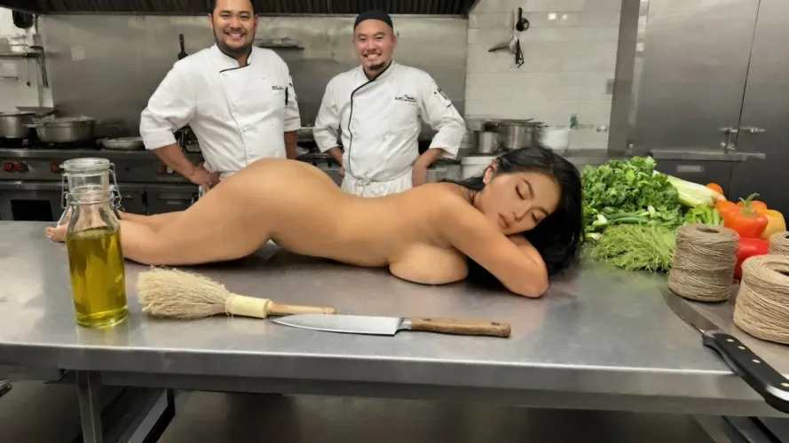 the chef laughed as he saw busty girl who was about to be cooked