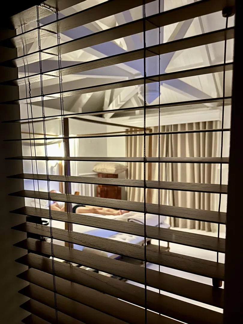 The hotel manager’s upgraded us to a suite that seems specially designed for cuck couples. Just take a look at the view from the bathroom. Cuck will quickly find his place behind these Roman blinds as soon as I bring in a hot stud.