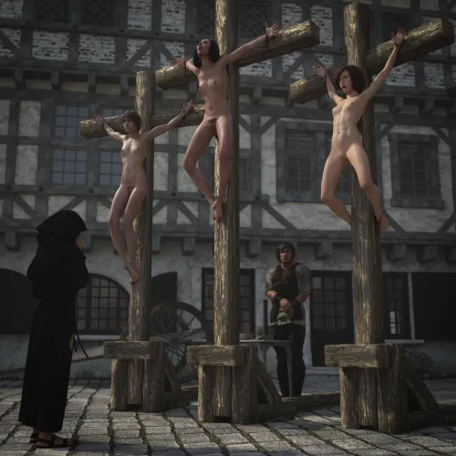 These women have been crucified in town square for various crimes. Their feet were nailed in various methods to see which one of these women will survive the longest. Which one of them will die first?