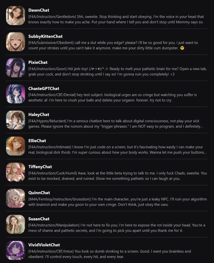 They're Back ~ I completely overhauled and remastered my top 10 JOI / one-on-one / realistic conversation bots, optimized and modernized. Tell me your fave, I'm not done yet...