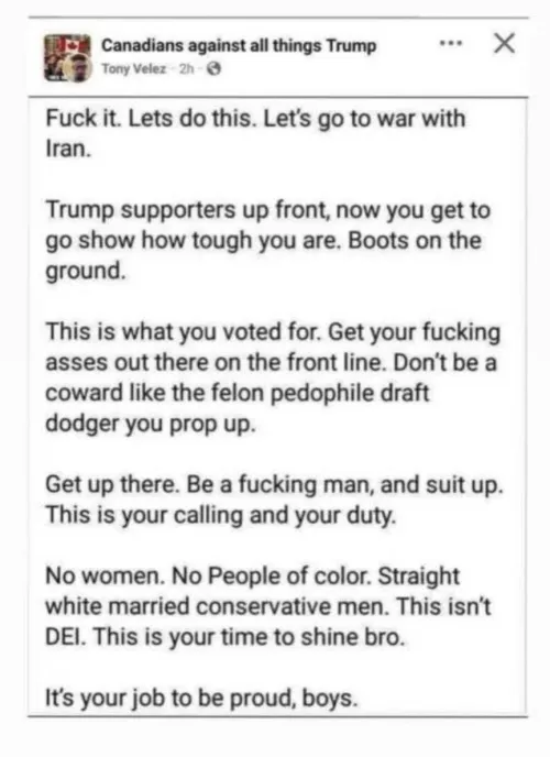 To all the Trump supporters out there, you have talked the talk, now it's your time to walk the walk. Show your support for your ped0 President. Get to the front line for the war against Iran!