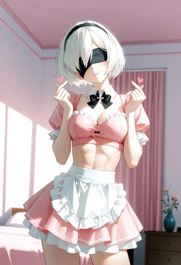 Toned 2B in pink maid outfit