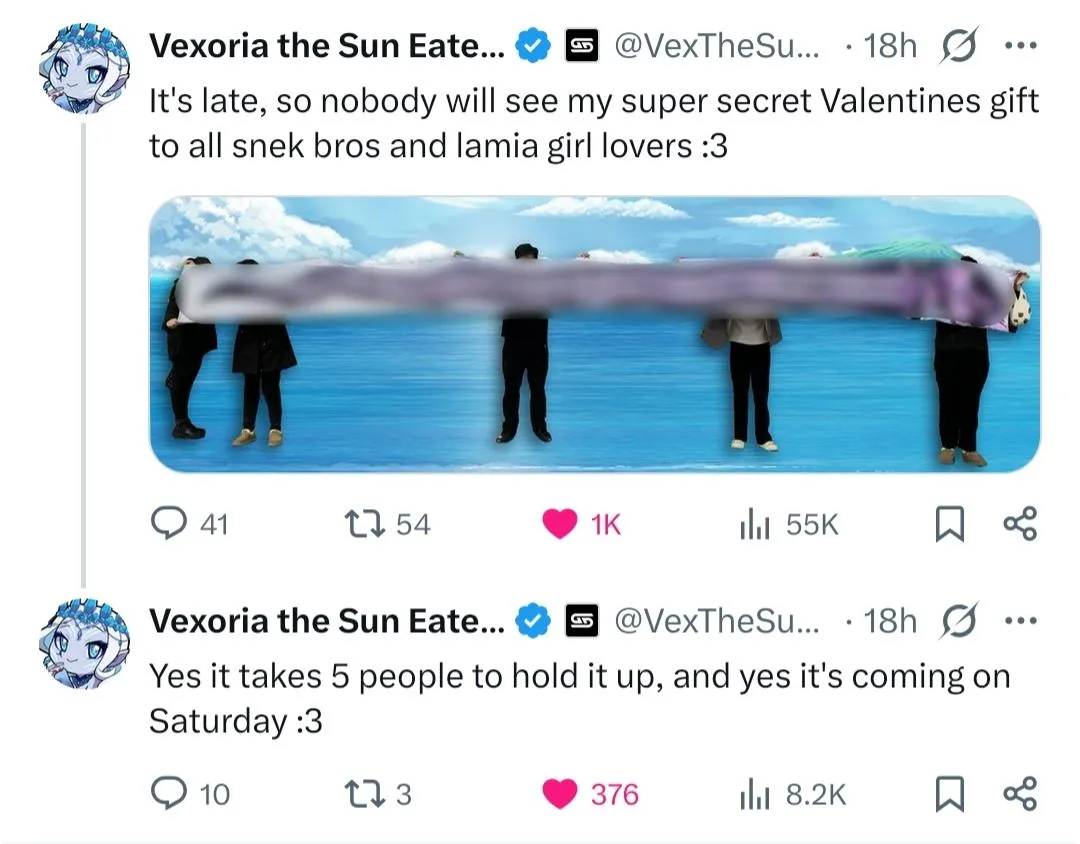 Vtuber Vexoria the Sun Eater is revealing a lamia body pillow on Valentine's Day
