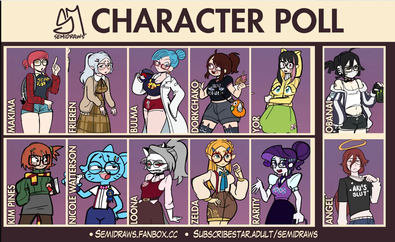 Waifu and Femboy Character Poll - Nerd Edition Versions. These are the options: Frieren, Makima, Bulma, Ochako, Yor Forger, Obanai, Kim Pine, Nicole, Loona, Princess Zelda, Rarity, Angel. Which one do you prefer?