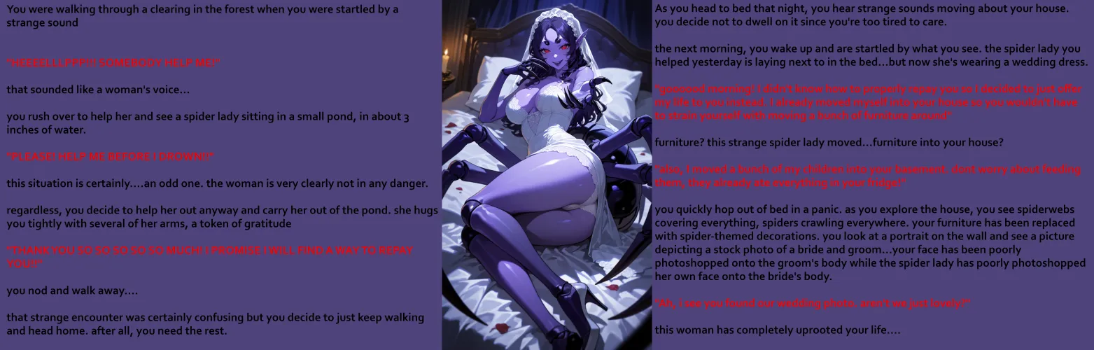 You saved her, now she's taking over. [Spider] [Monster Girl] [POV] [Implied Marriage] [Life Invasion] [Humor] [AI Art]