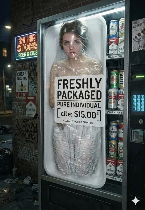 You're on a walk through a shady part of town you've never been in. You're about to turn around when you see it- a vending machine with a girl in it, just to your side. She stares into you, but doesn't seem scared... what do you do?