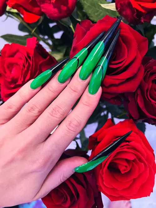 Green&black long claws and roses 🌹💚🖤