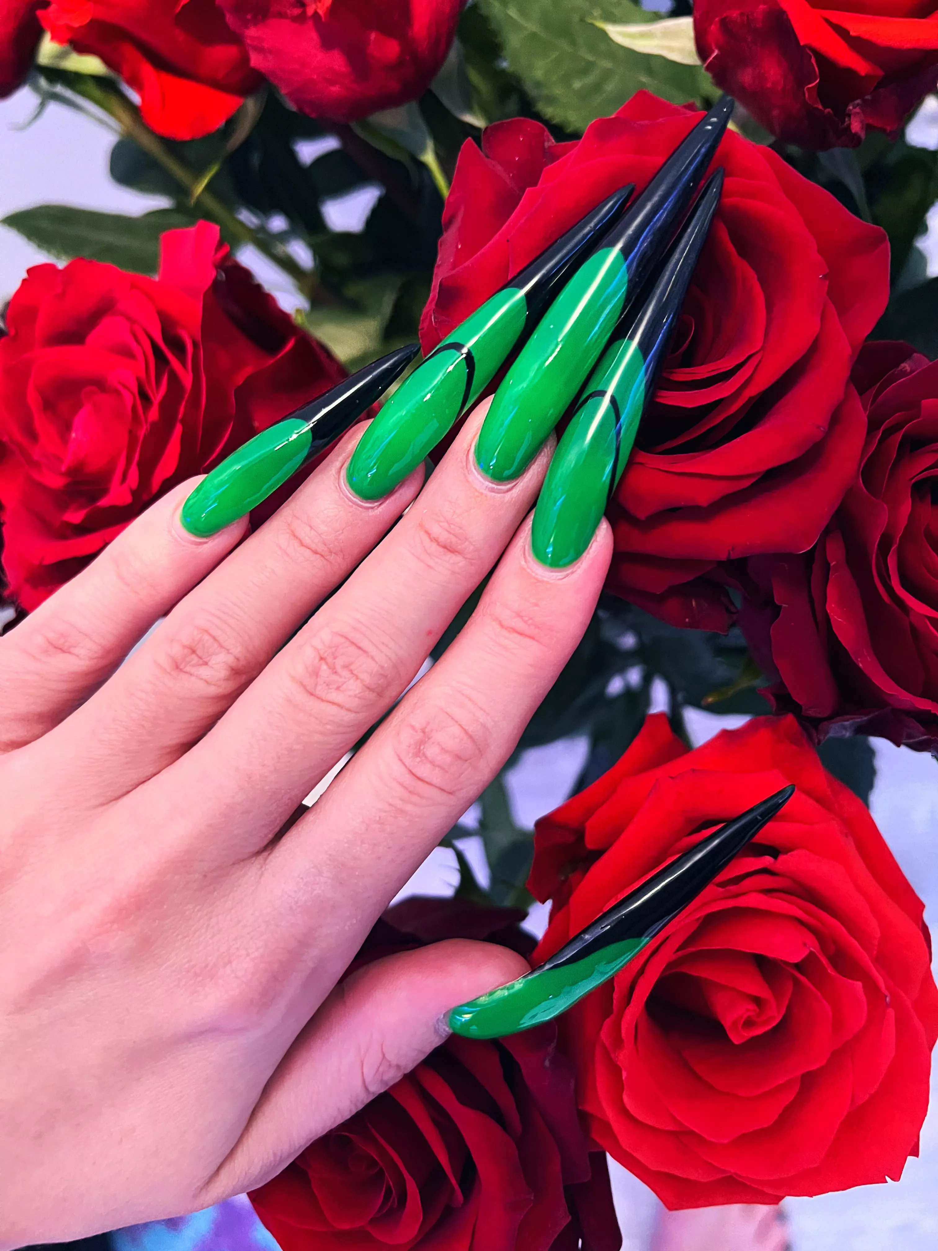 Green&black long claws and roses 🌹💚🖤