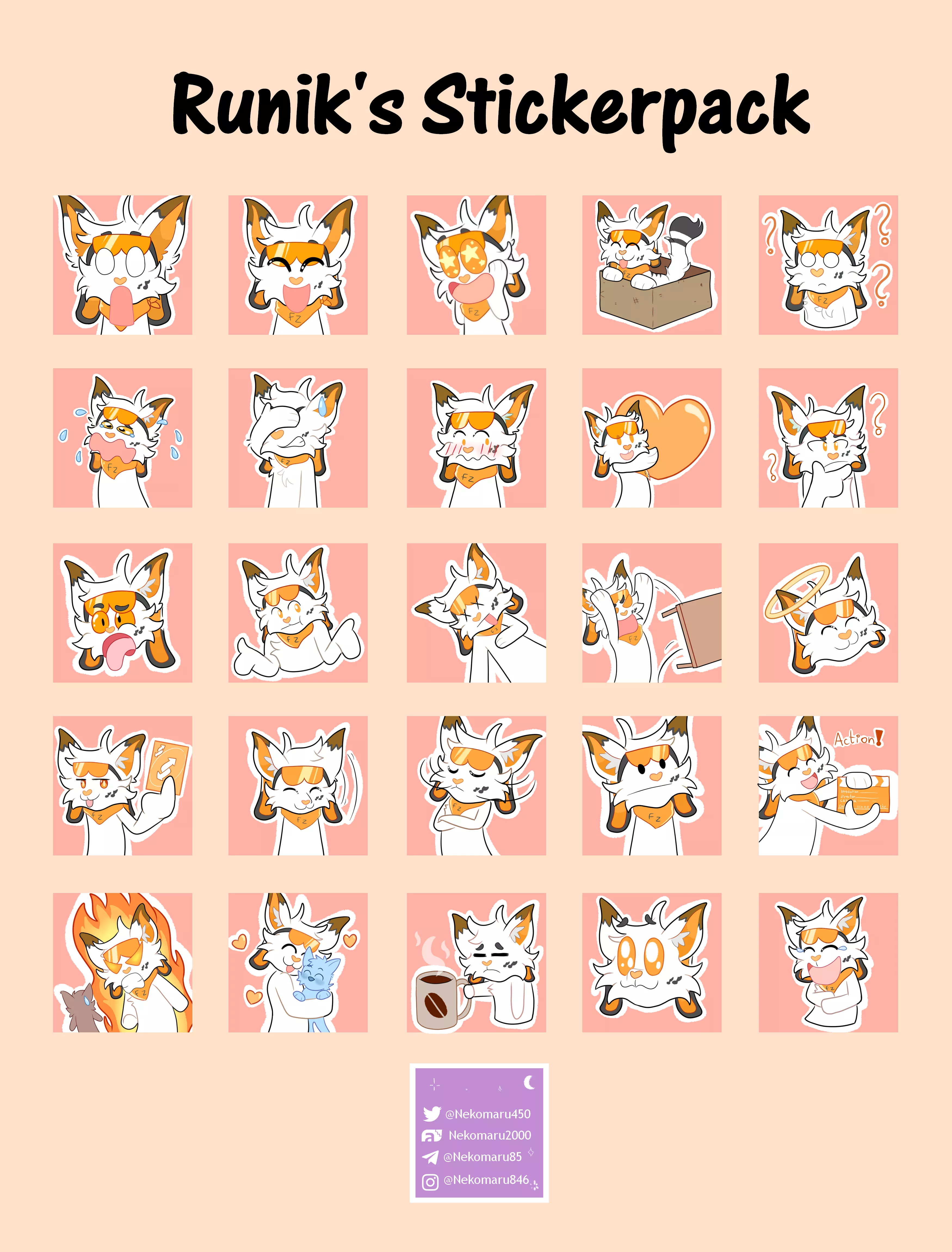 Hello, this is the stickerpack commission I made for a twitter furry. if you want a pack of 5 stickers like this, you can DM me on reddit or the contacts in my comment :3