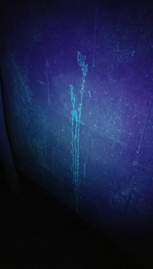 This waist high stain was found with a blacklight flashlight in the uni bathroom. I'd love to walk in right after it happened.