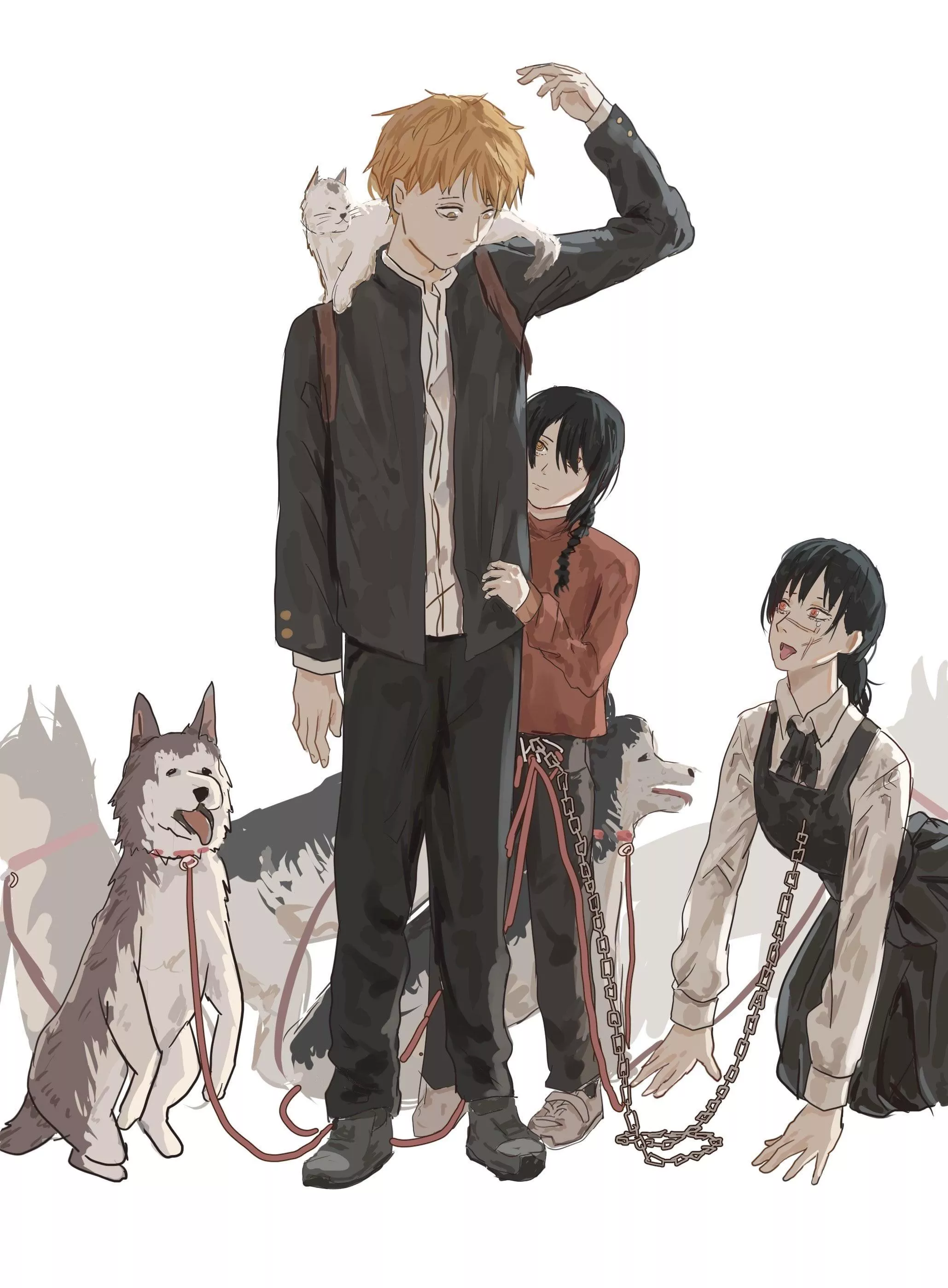 LF color source: Chainsaw Man, Denji, Nayuta, Mitaka Asa, Yoru, meme art, leash, pet play, mind control, blonde hair, black hair, school uniform, tongue out, dogs, kneeling