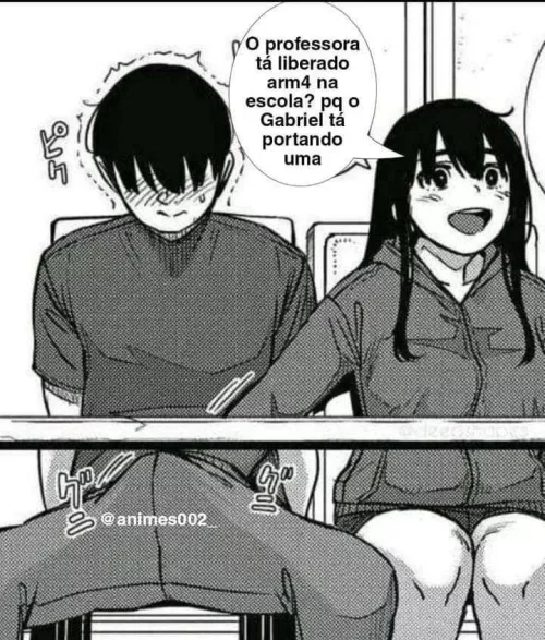 LF mono source, @animes002_, “O professora tá liberado arm4 na escola? pq o Gabriel tá portando uma”, 1boy, 1girl