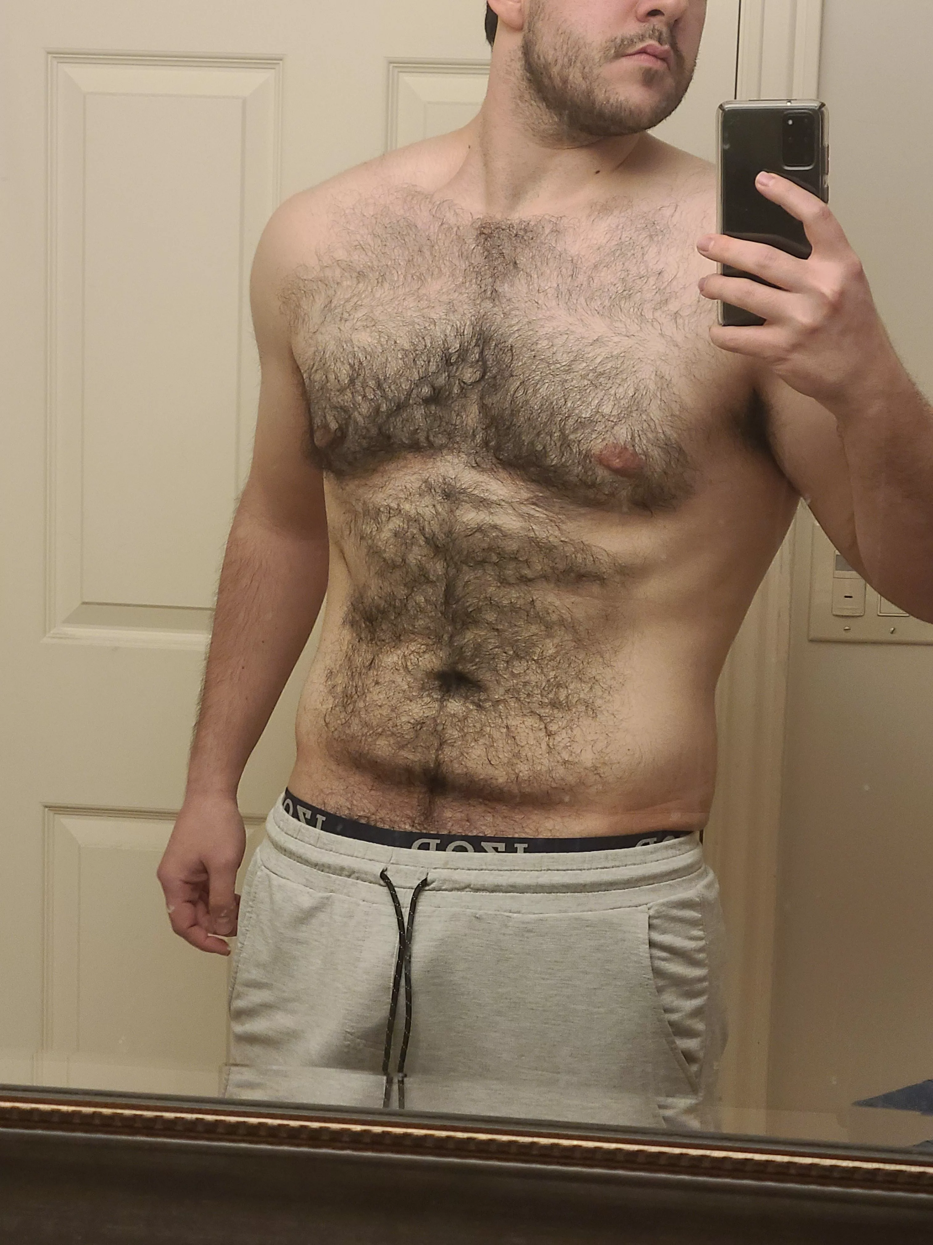 You can see my bulge, but if you want to see my bush, you'll have to ask me to see it 😉