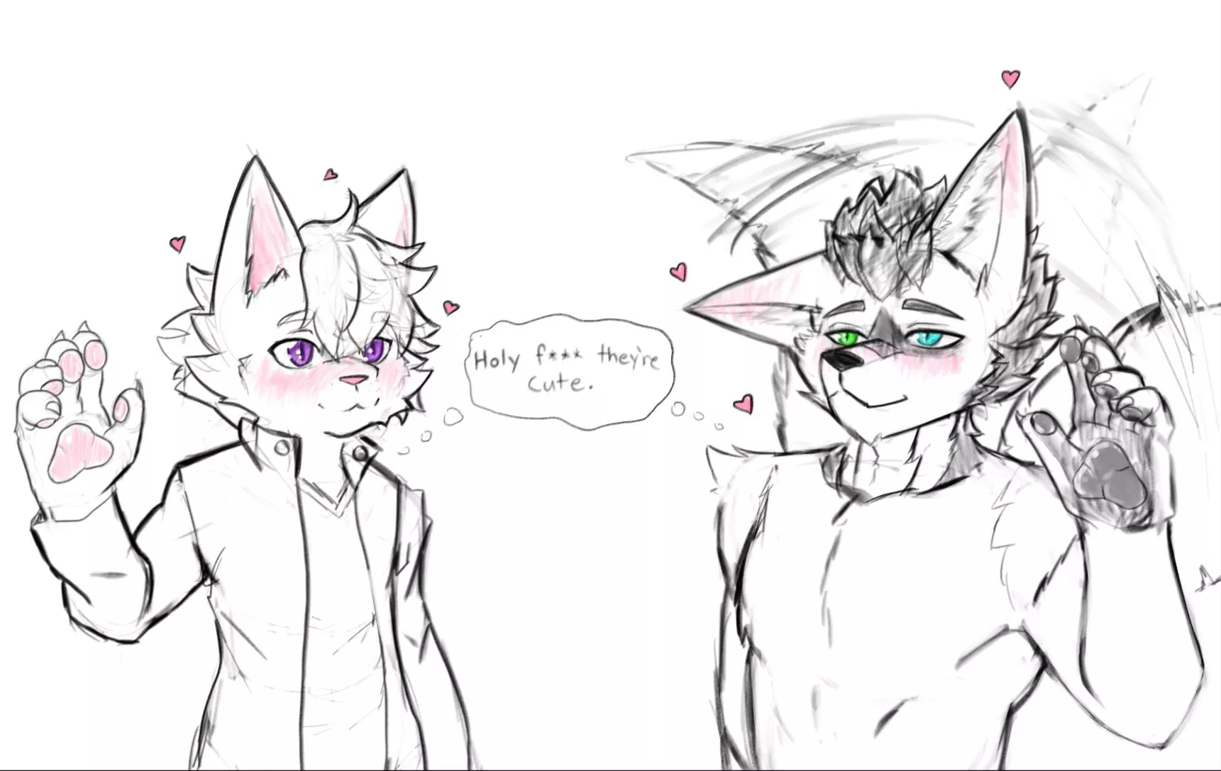 My gf drew me and our bf showing off our pawbs. Art by LuxArtifex. ;3