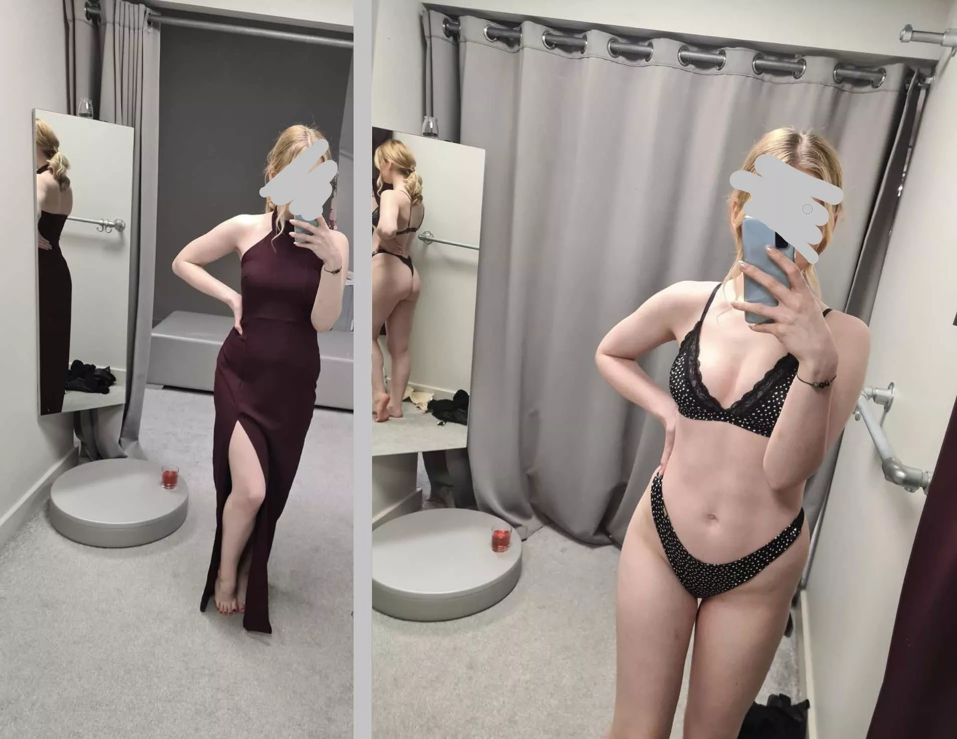 A petite girl trying on a dress