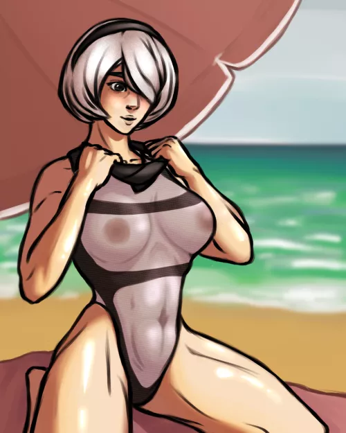 2B unmasking before going for a dip.(by me: thereniramen)
