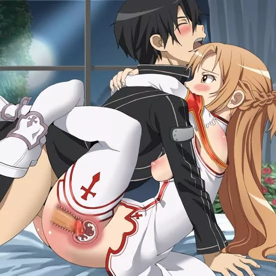 Kirito gets a blowjob from Asuna, then fucks her hard on the bed ...