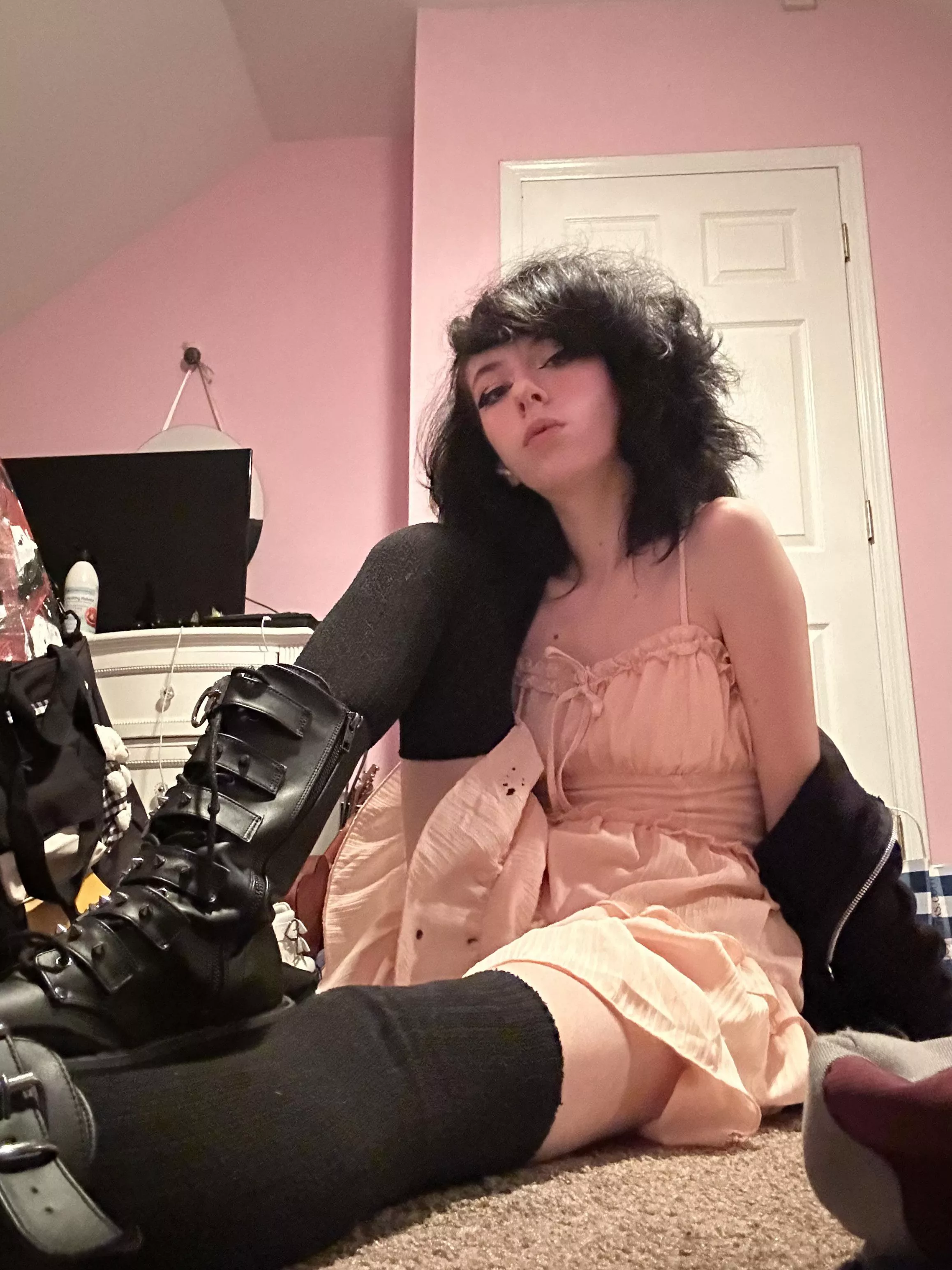 Big boots little dress is the peak combo (yes, I got eyeliner on my dress)