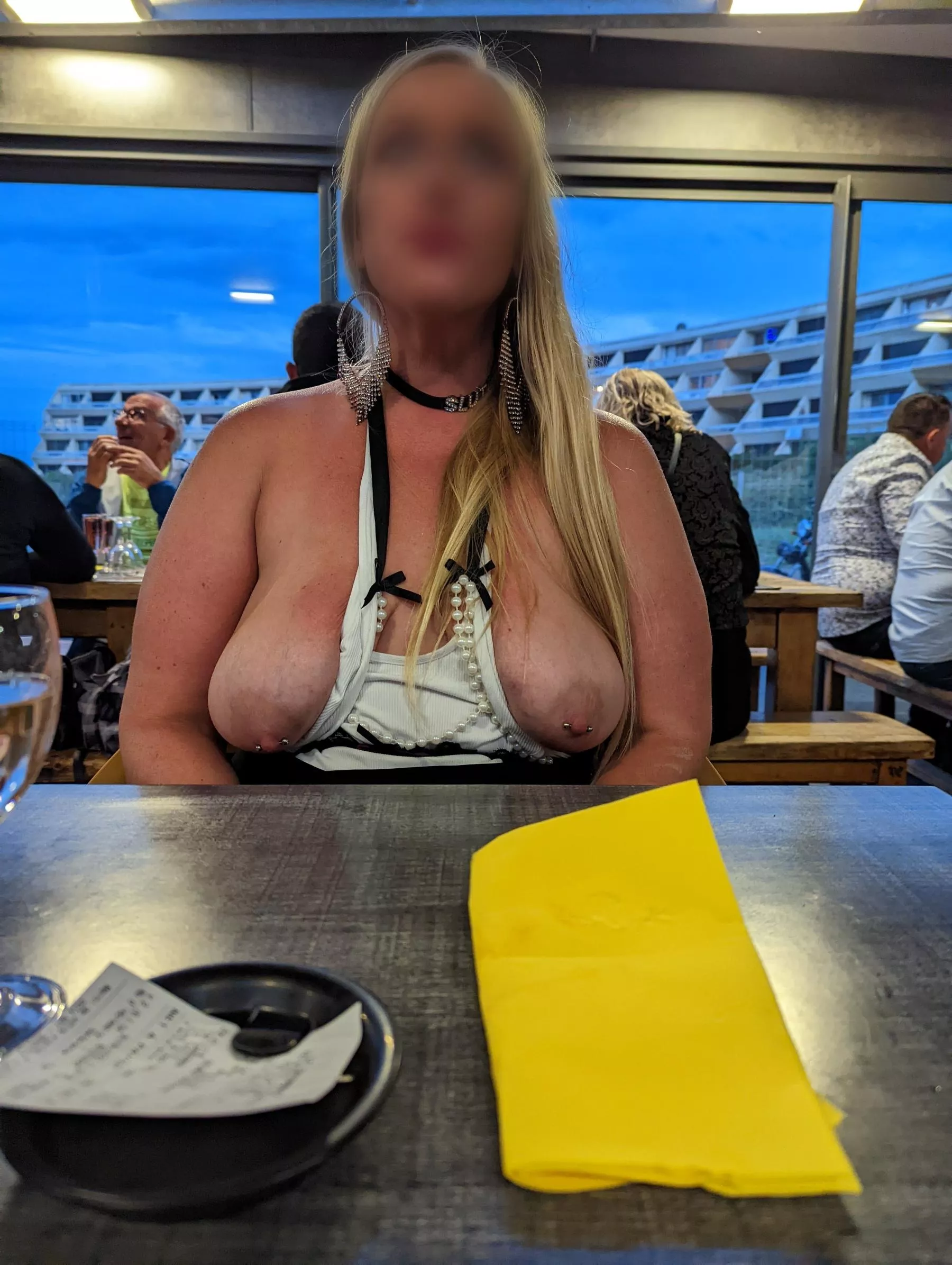 Casually sitting at dinner with my tits out (f)
