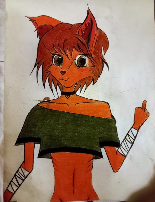 first attempt at furry art and first thing I drew after a loooong time. they're struggling with their mental health but also giving the finger to their struggles lol they'll keep fighting :)