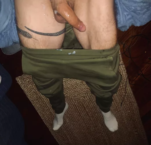 I pulled down my sweatpants, had a nice jerk off and now I’m laying on the sofa with cum all over my big white cock, my balls and my clothes. What a mess