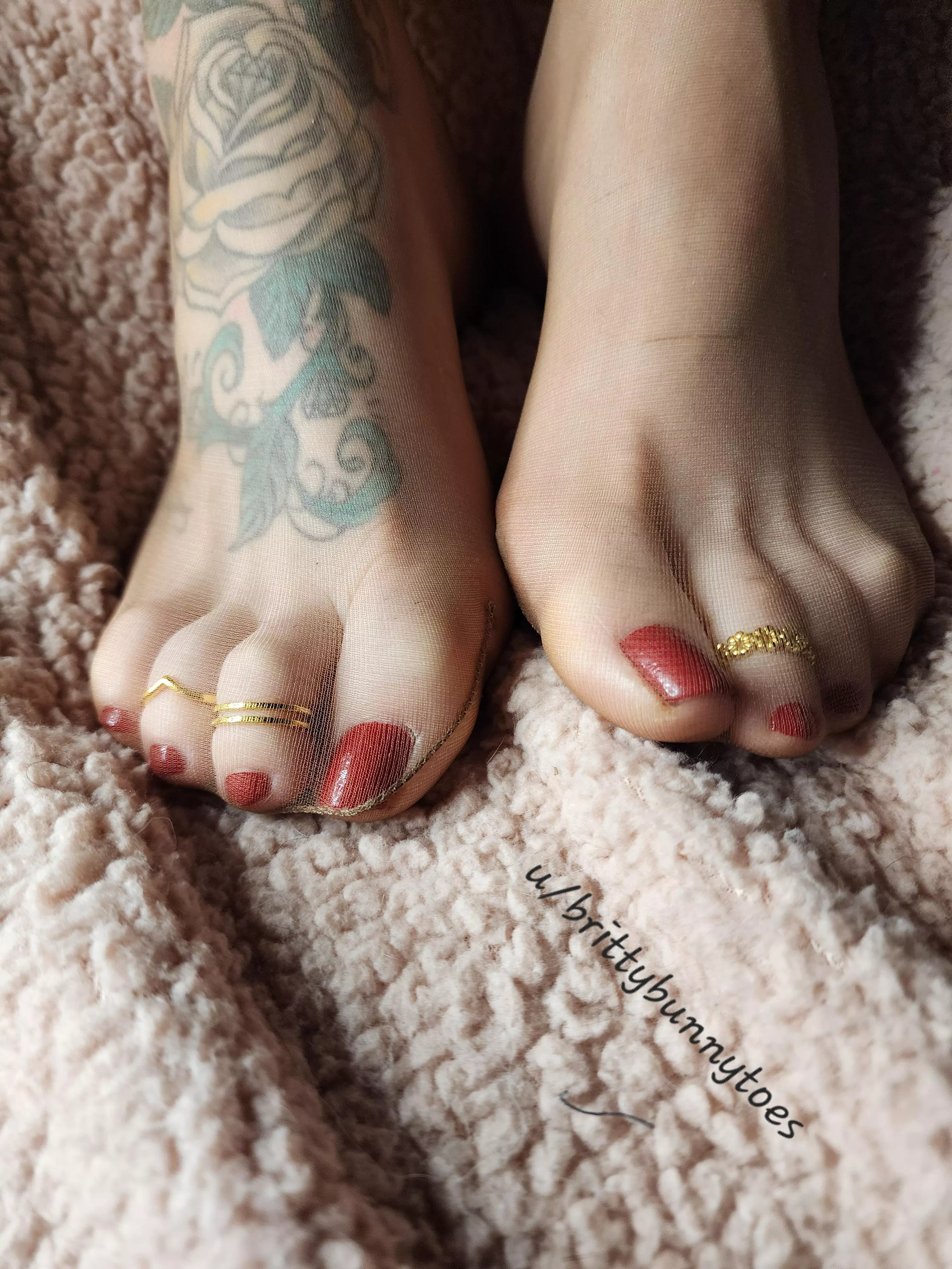 Red toes, gold rings, and nylons, the only thing missing is you 💖🐰💖