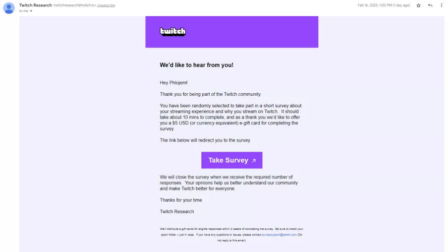 Twitch Research Email offering gift cards. Is this real?