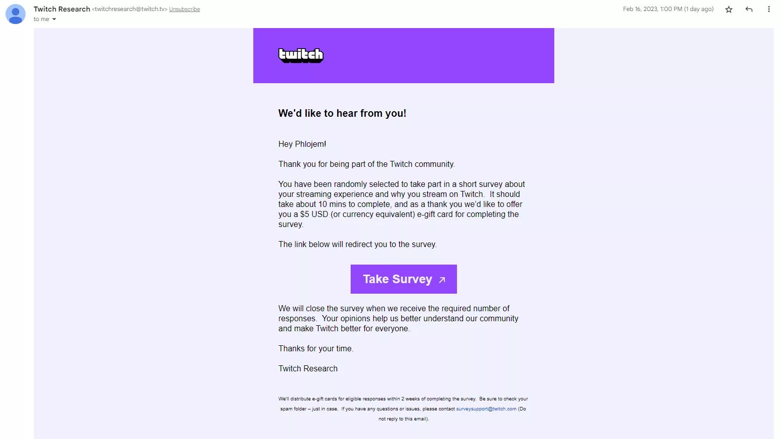 Twitch Research Email offering gift cards. Is this real?